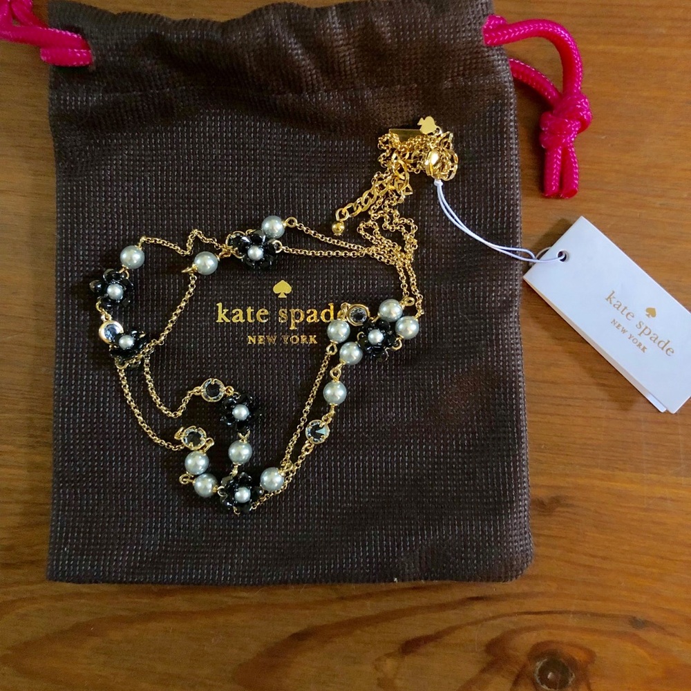 NWT Long Gold Black Flower and Pearl necklace
